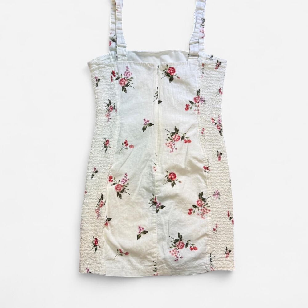 White Rose Pattern Floral Mini Dress with Adjustable Straps and Side Smocking - Picture 5 of 6